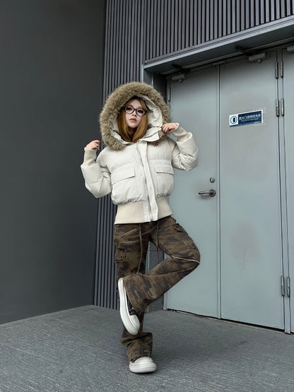 Fake Fur Collar Short Hooded Puffer Jacket WN24195
