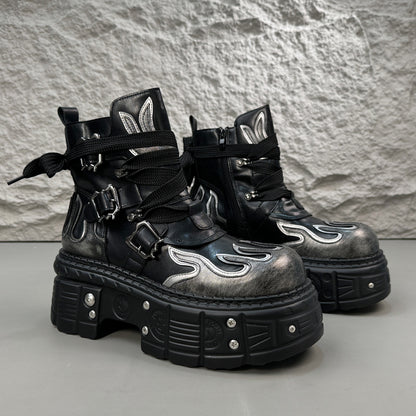 Flame Embroidery Strap Buckle Platform Short Boots WN24578