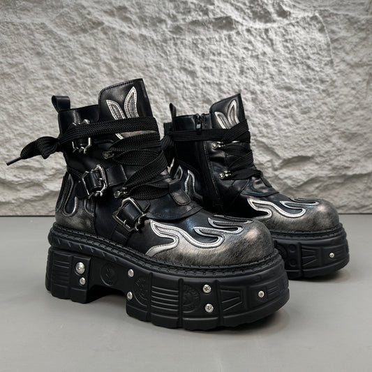 Flame Embroidery Strap Buckle Platform Short Boots WN24578