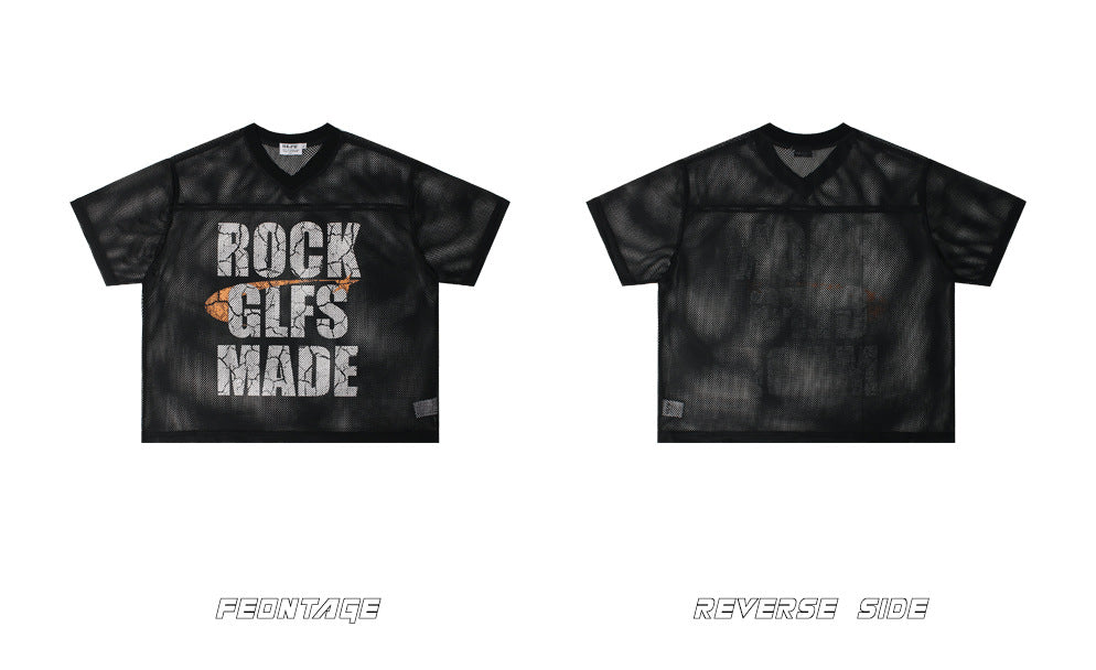 Mesh Letter Print V-Neck Short Sleeve T-Shirt WN26482