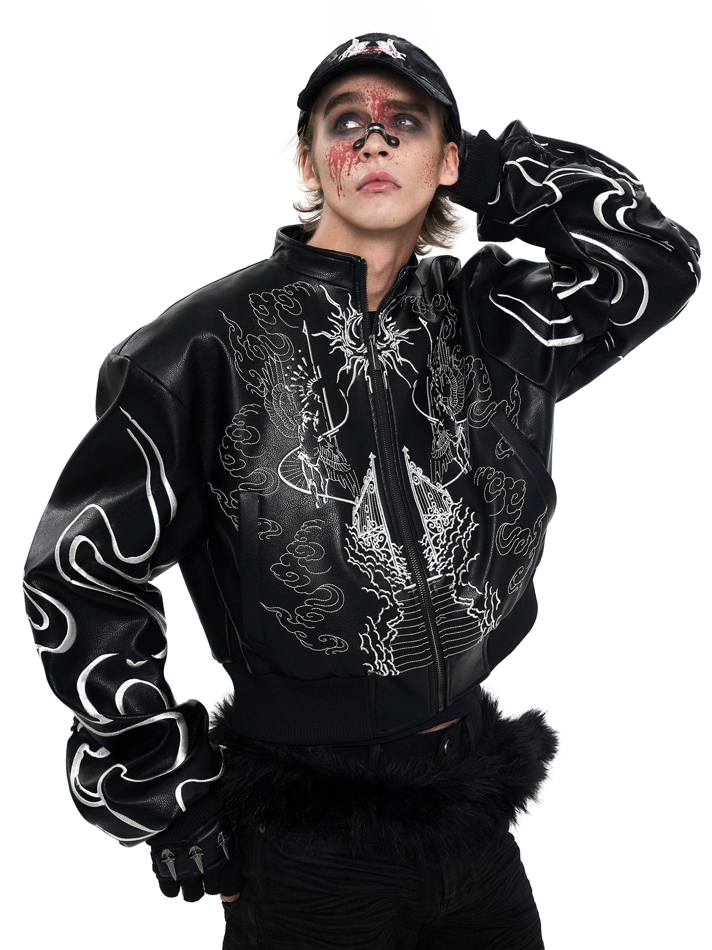 Back Embroidery Stand Neck PU Leather Jacket WN20375