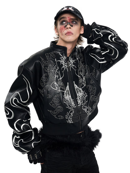 Back Embroidery Stand Neck PU Leather Jacket WN20375