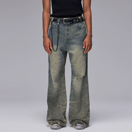 Washed Damage Design Flare Raw Hem Denim Jeans WN17880