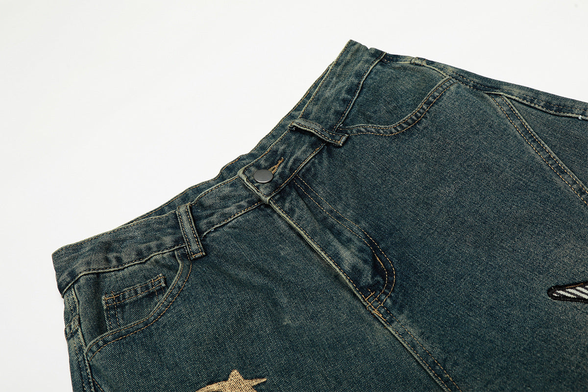 Washed Embroidery Wide Leg Denim Jeans WN25406