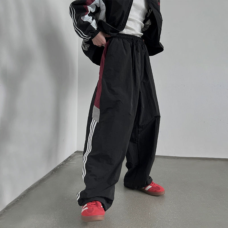 Stripe High-Neck Nylon Jacket & Drawstring Nylon Pants Setup WN10782