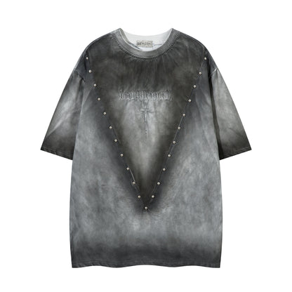 Washed Studded Letter Embroidery Short Sleeve T-Shirt WN26832