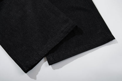 Rivet Leather Patchwork Wide Leg Denim Jeans WN23050