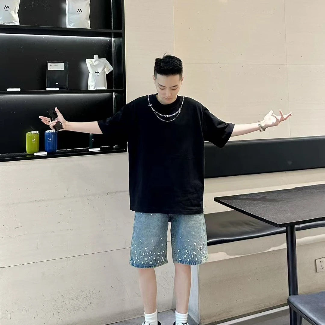 Rhinestone Pearl Necklace Print Short Sleeve T-Shirt WN20702