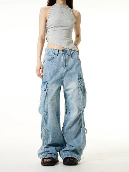 Multi-pocket Wide-Leg Straight Cargo Denim Jeans WN7618