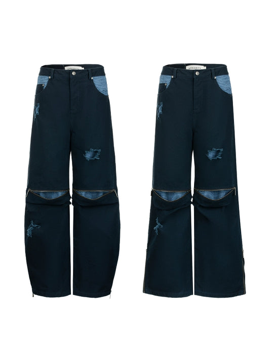 Plaid Mix Damage Wide Leg Pants WN19000