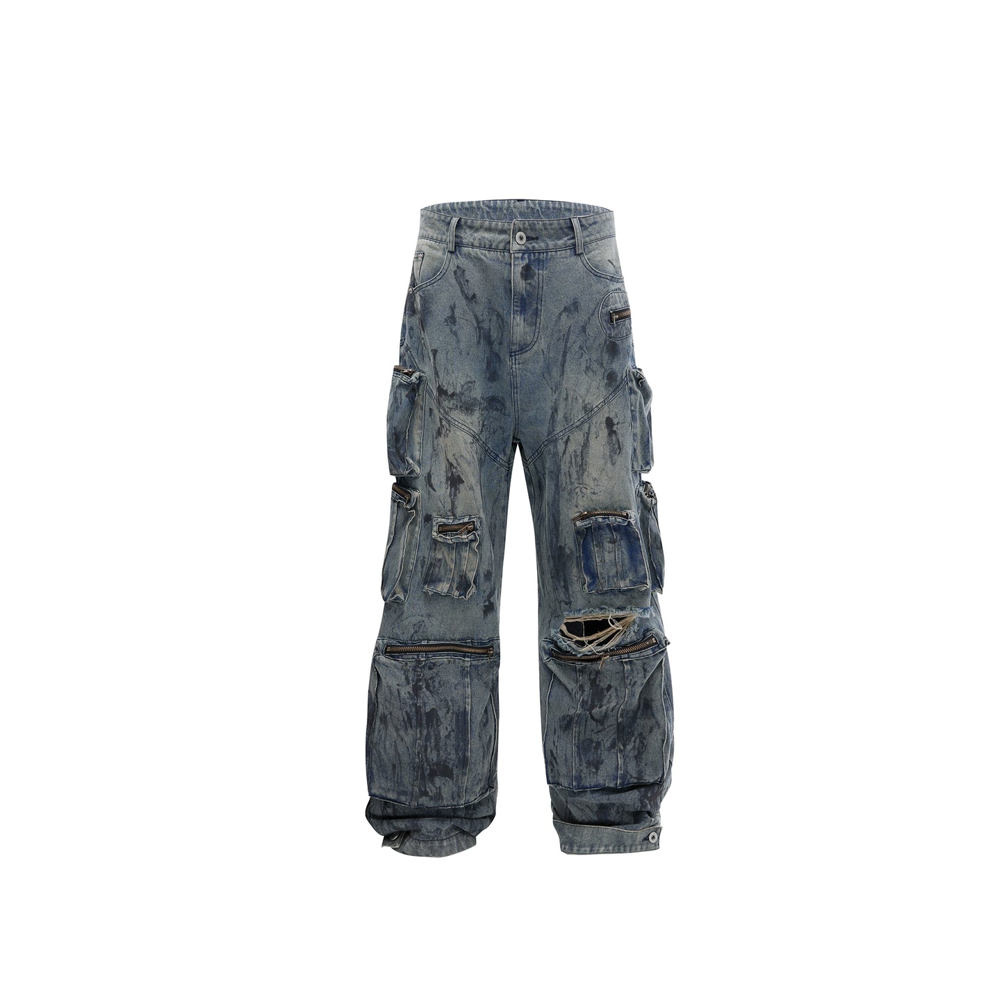 Damage Wide Leg Cargo Denim Jeans WN6485