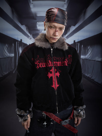 Cross Embroidery Fur Collar Oversize Padded Jacket WN22853