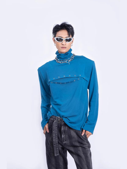 Metal Spliced Stand Neck Long Sleeve T-Shirt WN9239