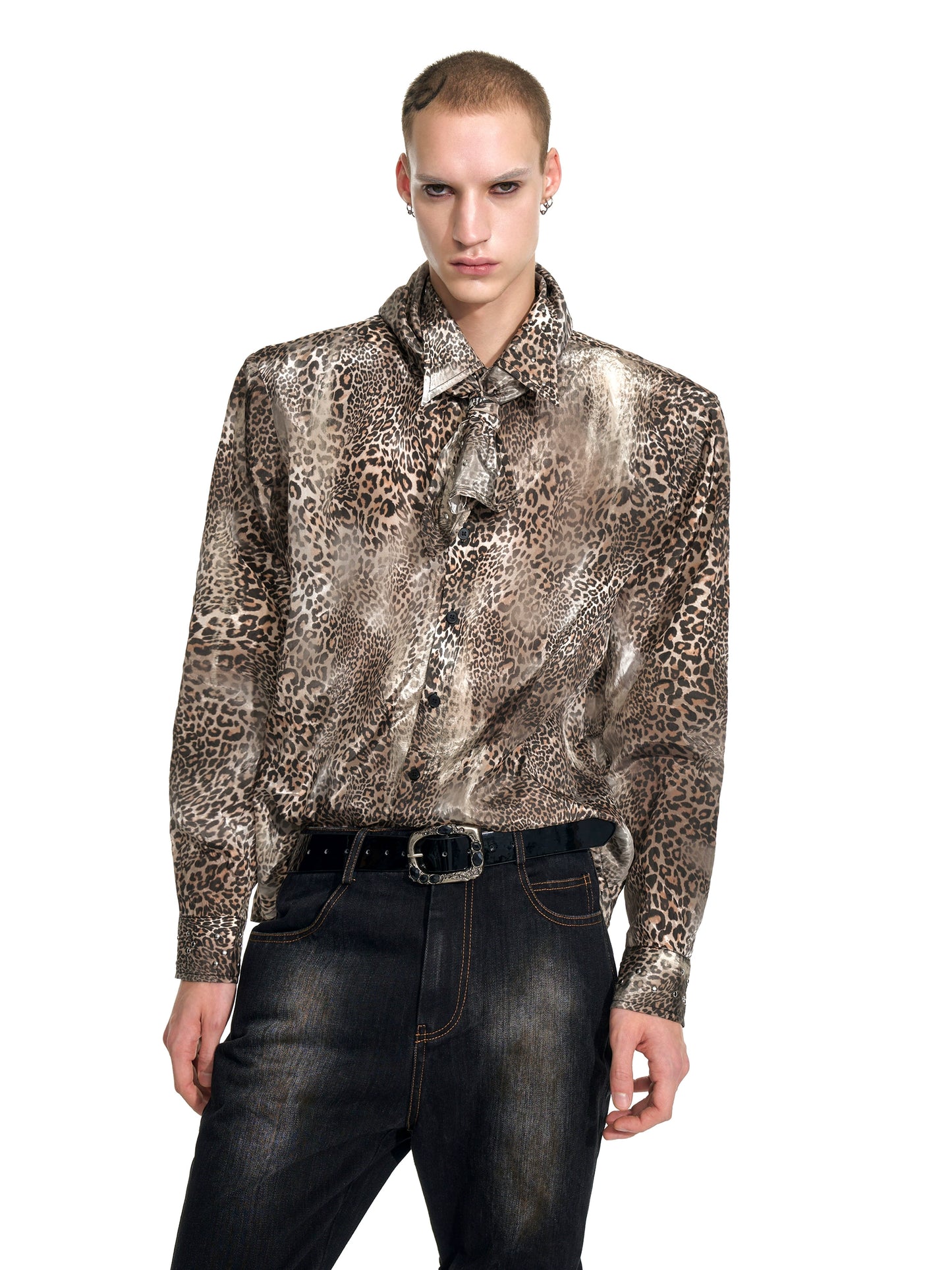 Leopard Print Shoulder-Pad Long Sleeve Shirt WN20942