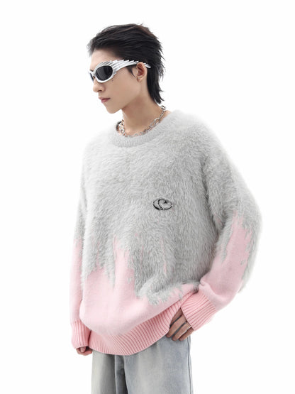 Oversize Shaggy Colorblock Knit Sweater WN10278