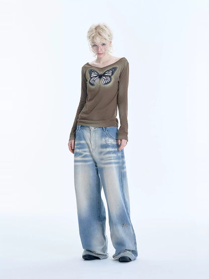 Sequin Cutout Butterfly Embroidery Spray Print Long Sleeve T-Shirt WN18913