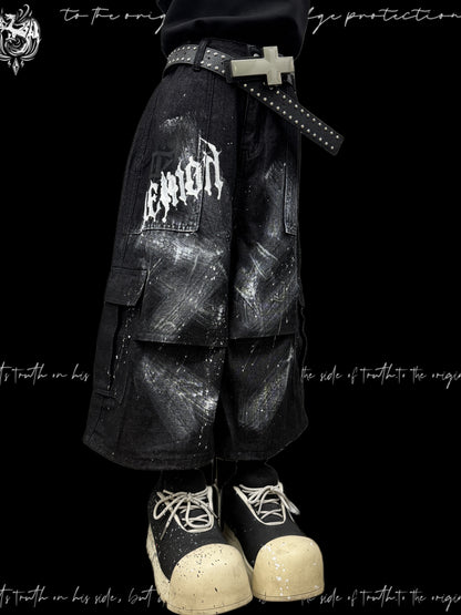 Cropped Paint Graffiti Cargo Wide Leg Denim Jeans & Skull Belt & Cross Belt & Belt Chain WN23810