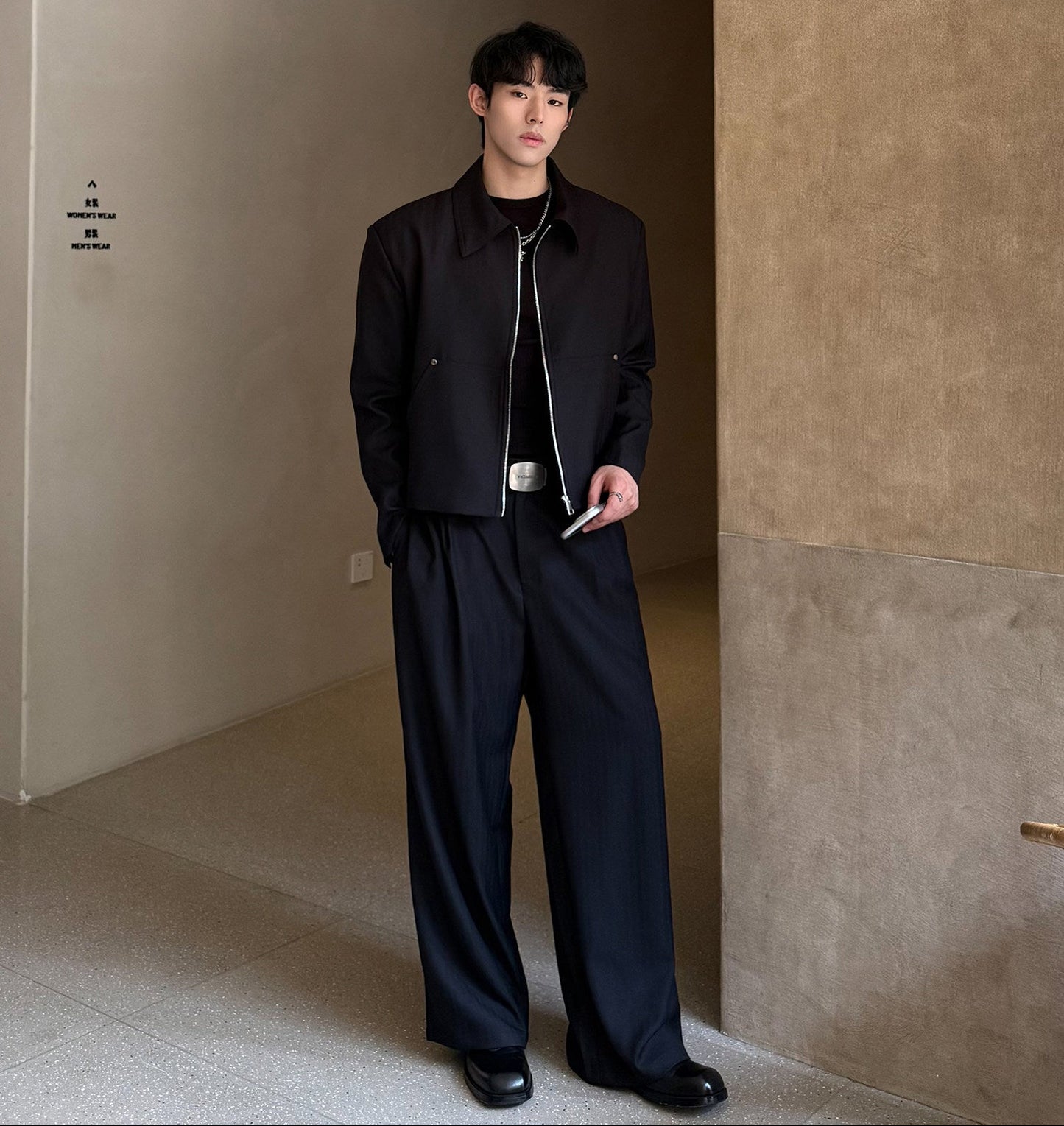 Zipper Cropped Jacket & Wide Leg Trousers Setup WN24887
