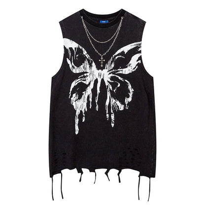 Butterfly Print Washed Oversize Sleeveless T-shirt WN6564