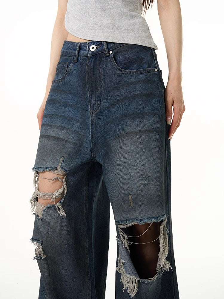 Damage Wide Leg Denim Jeans WN7611