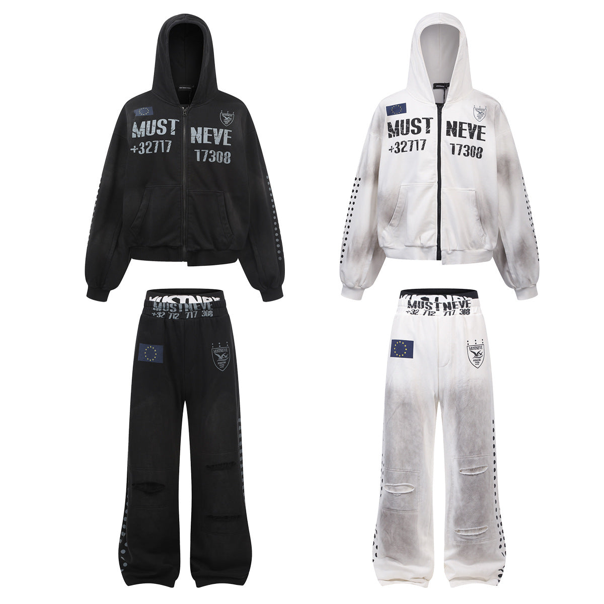 Dirty Washed Logo Print Zipper Hoodie & Dirty Washed Sweatpants Setup WN25540