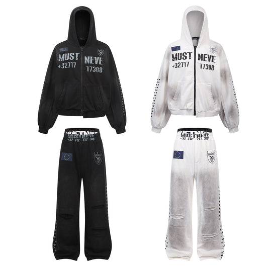 Dirty Washed Logo Print Zipper Hoodie & Dirty Washed Sweatpants Setup WN25540