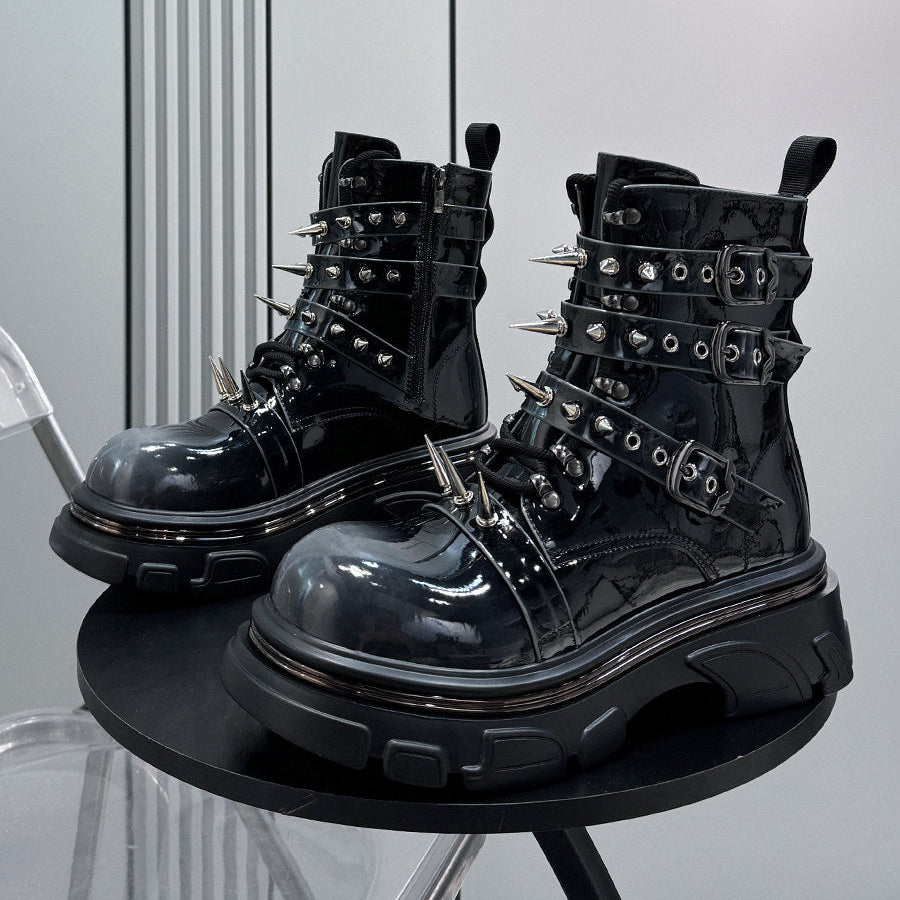Patent Strap Buckle Spike Platform Boots WN24726