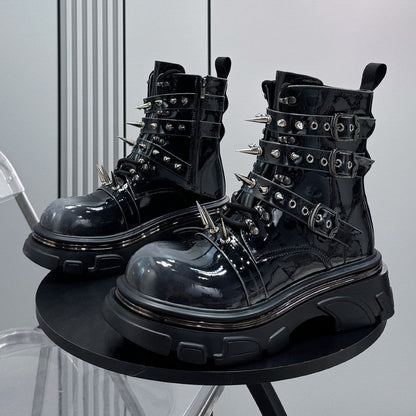 Patent Strap Buckle Spike Platform Boots WN24726