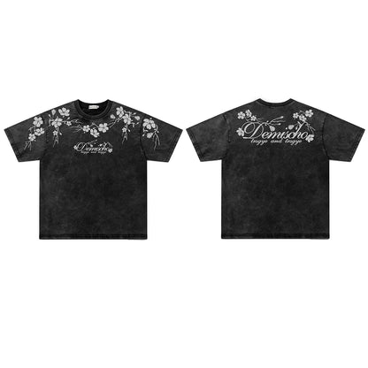 Washed Plum Blossom Print Oversize Short Sleeve T-Shirt WN26899