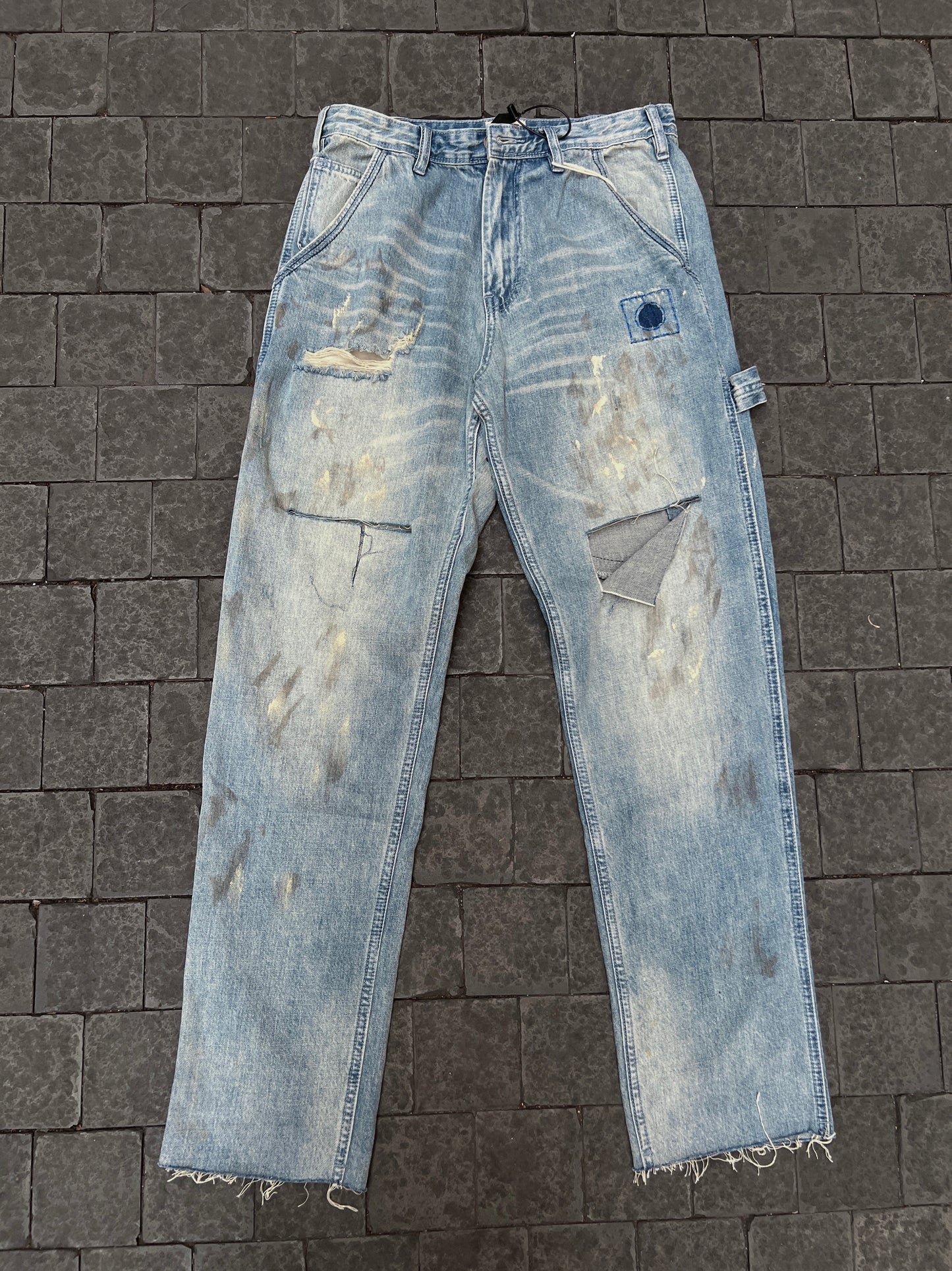 Washed Damage Patch Wide Leg Denim Jeans WN24044