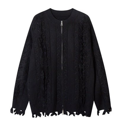 Fringe Detail Oversize Knit Zipper Cardigan WN10904