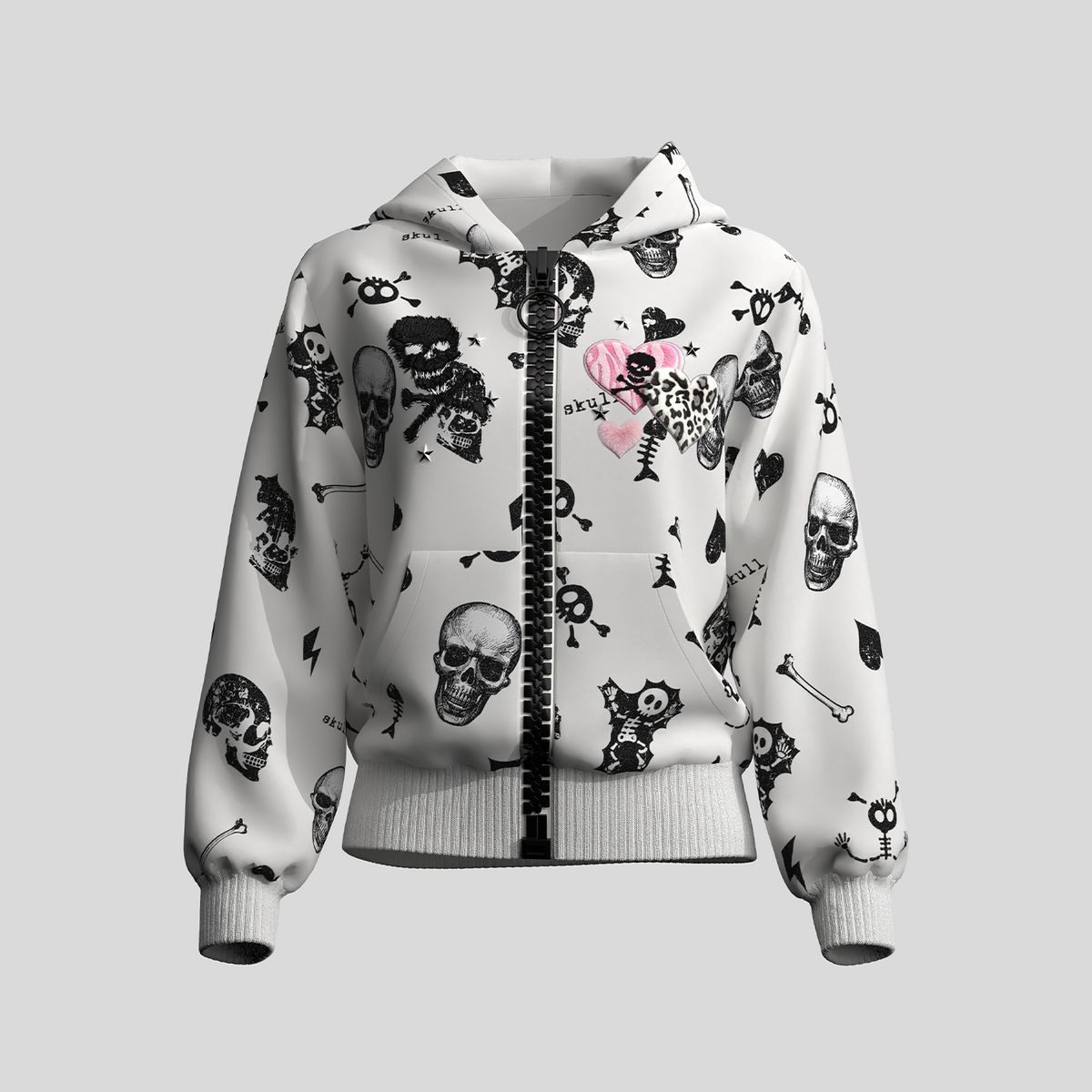 Skull Heart Graphic Cropped Zipper Hoodie WN27106