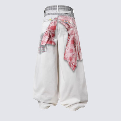 Plaid Deconstructed Drawstring Wide Leg Denim Jeans WN28043