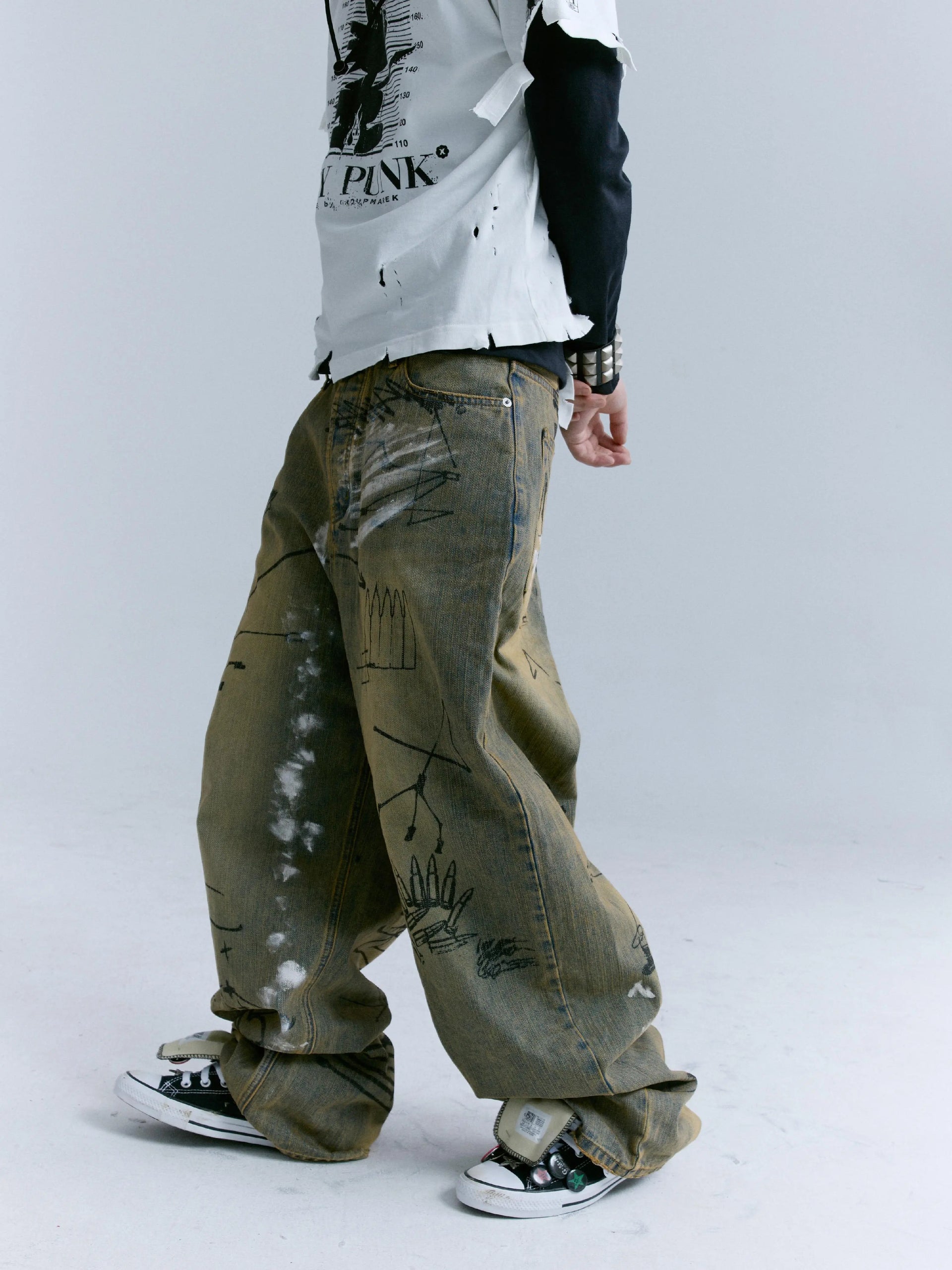 Wash Mud-Dyed Graffiti Print Wide Leg Denim Jeans WN17251 – WONDER