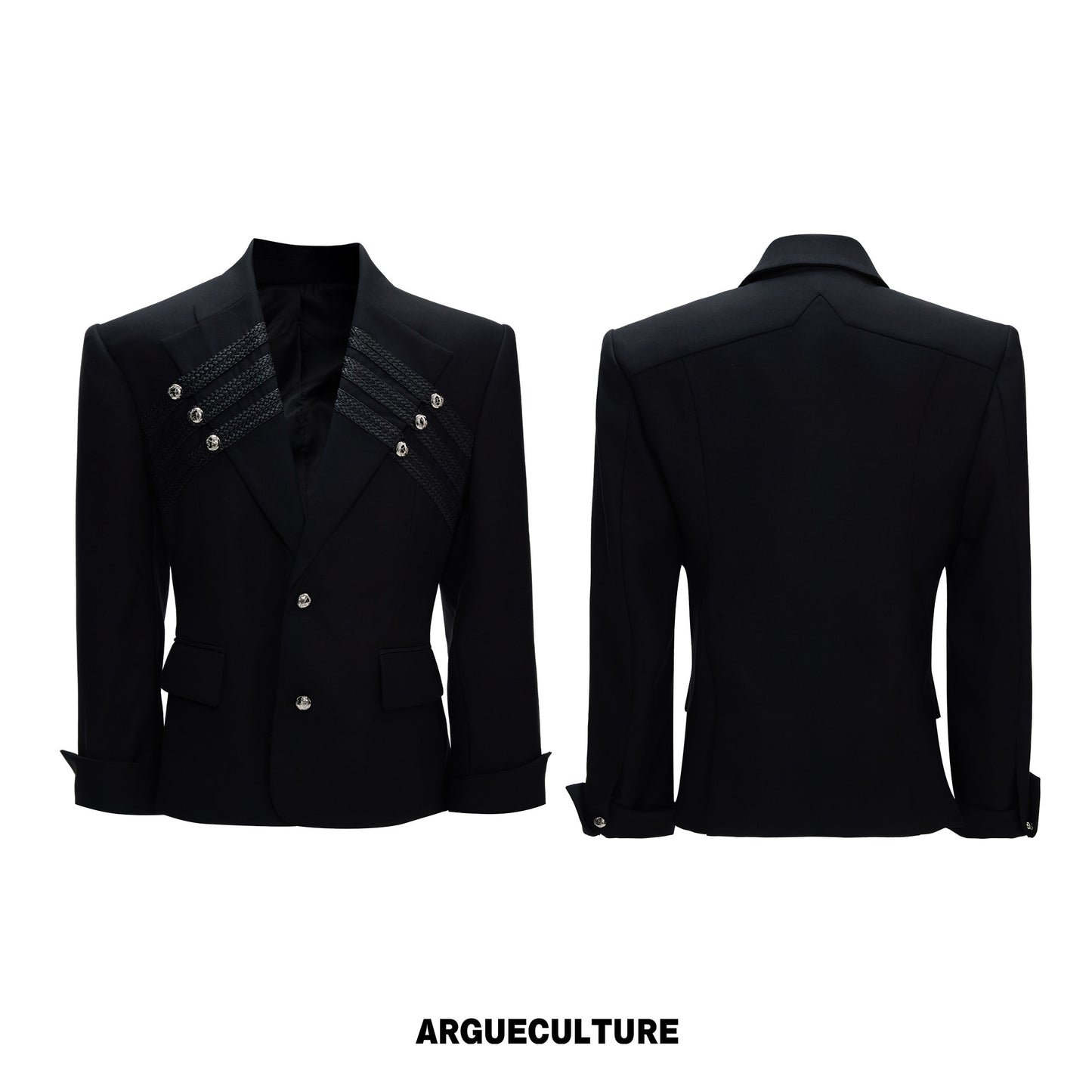 Braided Leather Double-Breasted Shoulder Pad Tailored Jacket & Wide Leg Trousers Setup WN26973