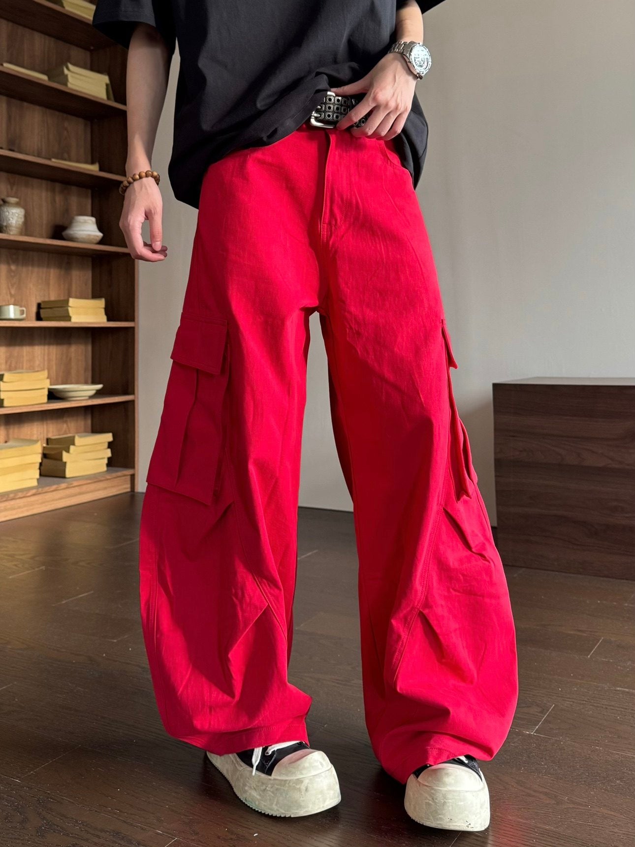 Red Denim Curved Wide Leg Cargo Pants WN23153