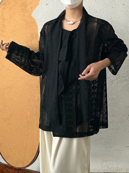 Jacquard Lace Patchwork Ribbon Long Sleeve Shirt WN19980