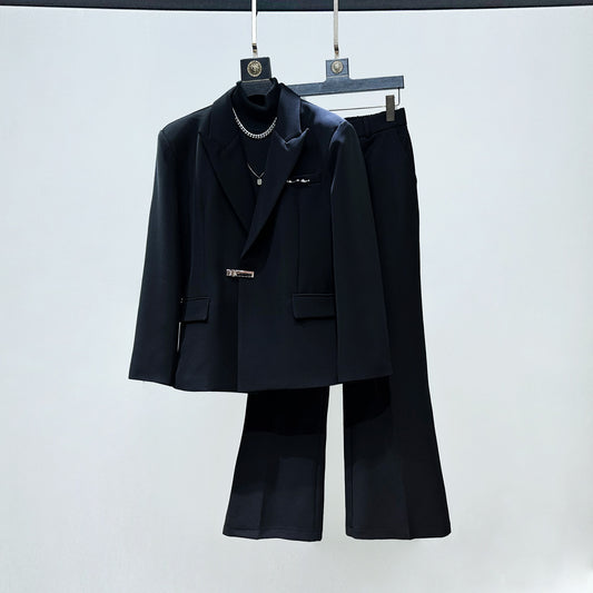 Metal Buckle Oversize Tailored Jacket & Flare Wide Leg Trousers Setup WN23935