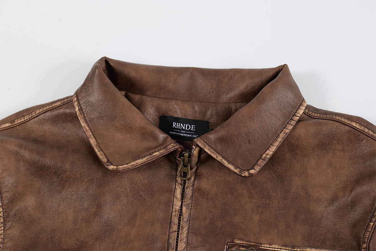 Washed Short PU Leather Zipper Jacket WN11267