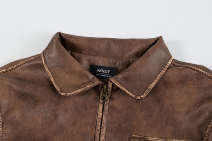 Washed Short PU Leather Zipper Jacket WN11267