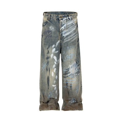 Heavyweight Graffiti Splashed Ink Design Wide Leg Straight Denim Jeans WN8444