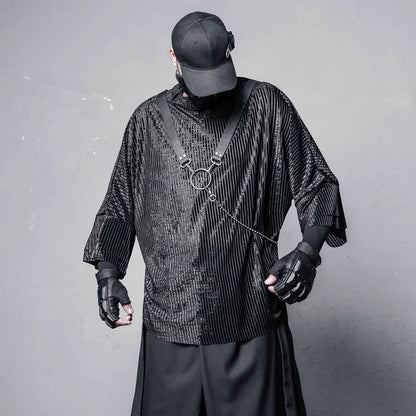 Texture High-Neck Oversize Long Sleeve T-Shirt & Chain WN22370