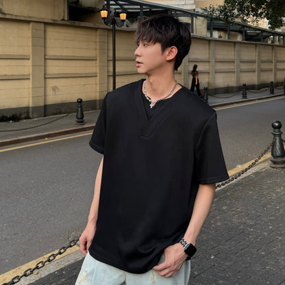Shoulder-Pad V-Neck Short Sleeve T-Shirt WN25169