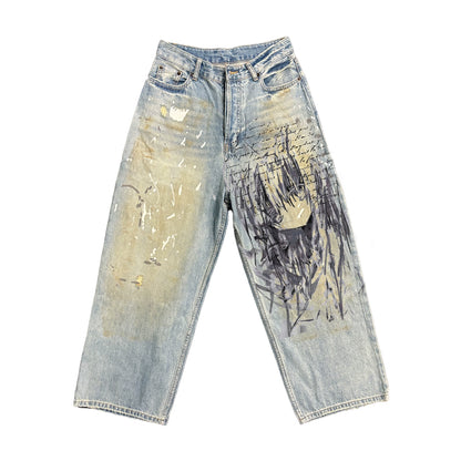 Spray Dye Washed Wide Leg Denim Jeans WN16824