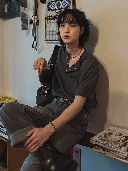 Henley Neck Oversize Short Sleeve T-Shirt WN20268