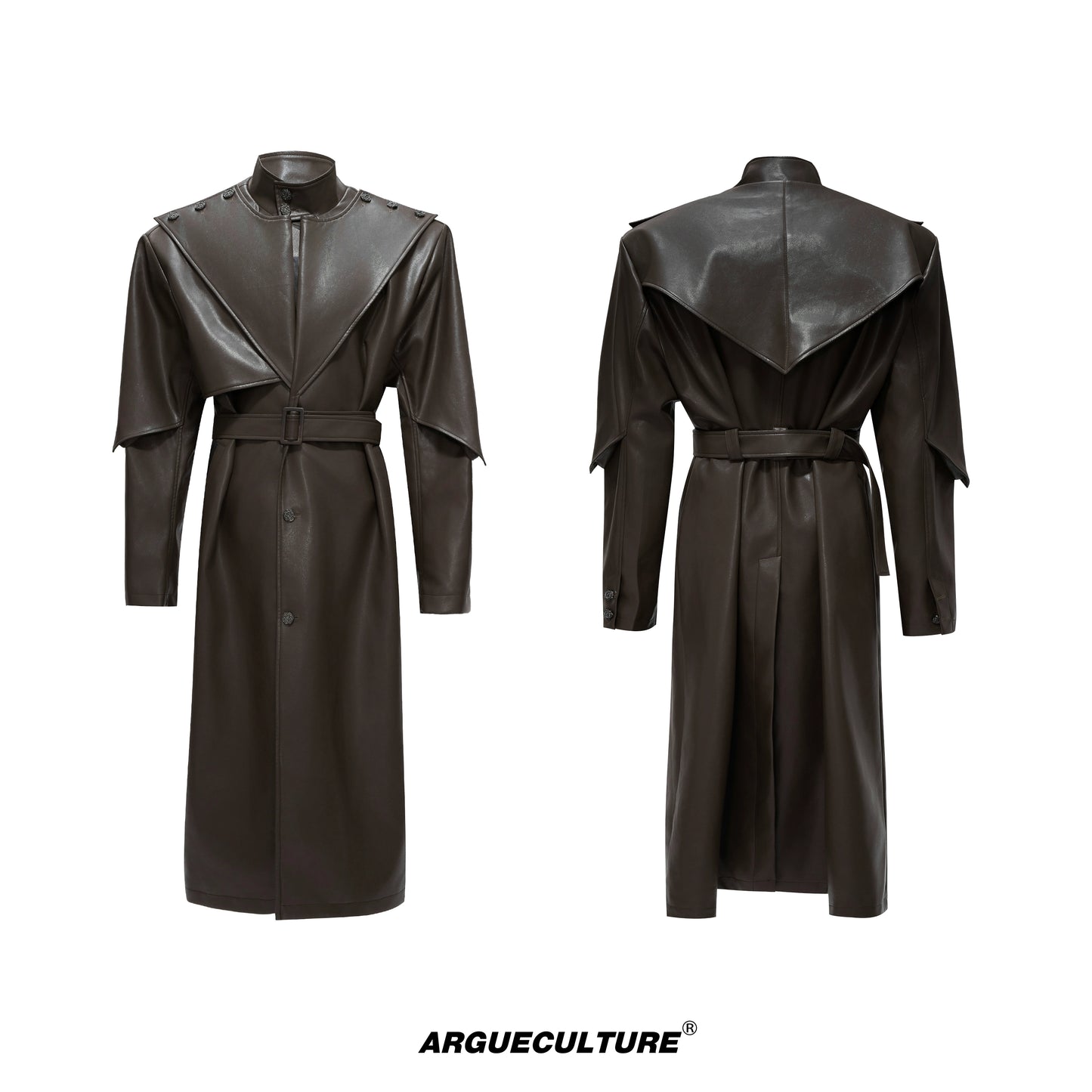 Standing-Collar Belted PU Leather Long Coat WN21748
