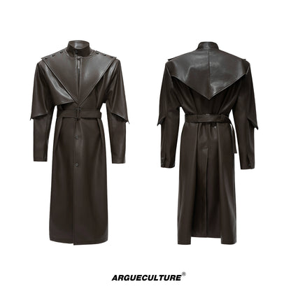Standing-Collar Belted PU Leather Long Coat WN21748