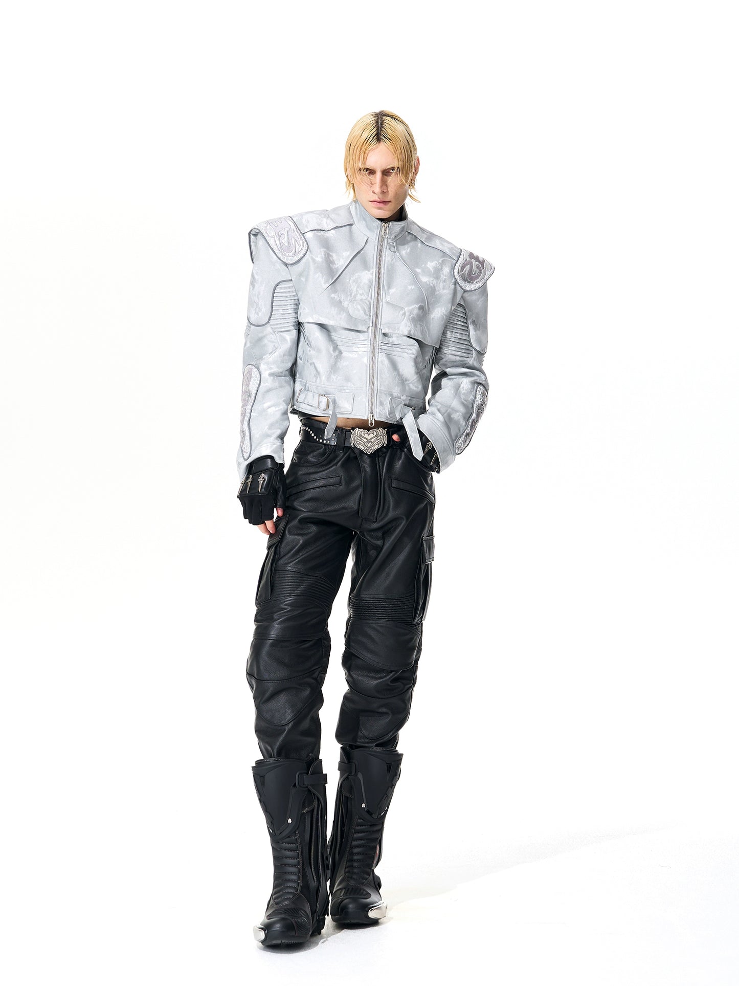 Silver Embroidery Logo PU Leather Short Jacket WN21841