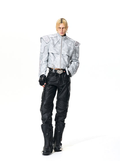 Silver Embroidery Logo PU Leather Short Jacket WN21841