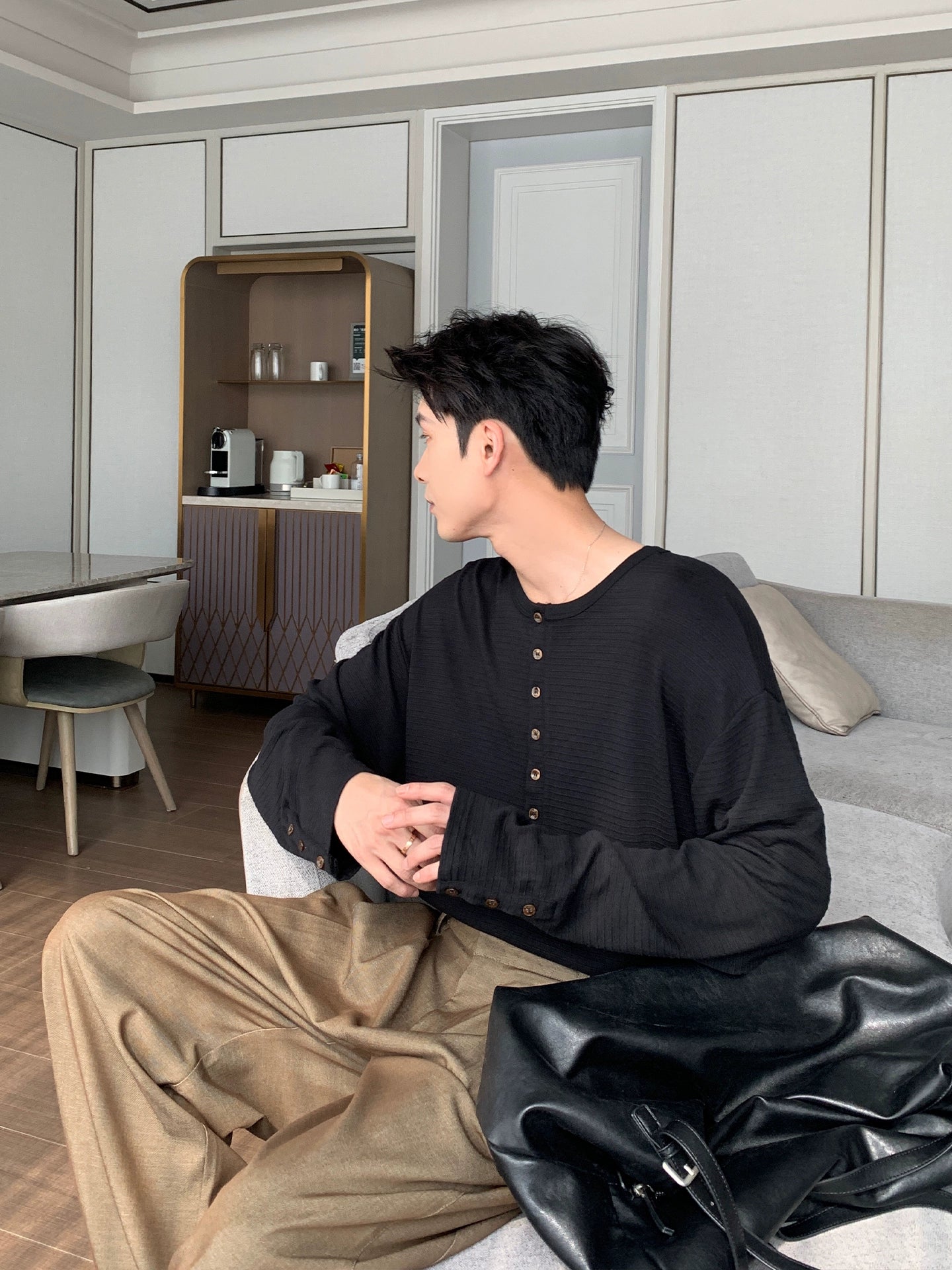 Wrinkle-Free Henry Neck Long Sleeve T-Shirt WN20476